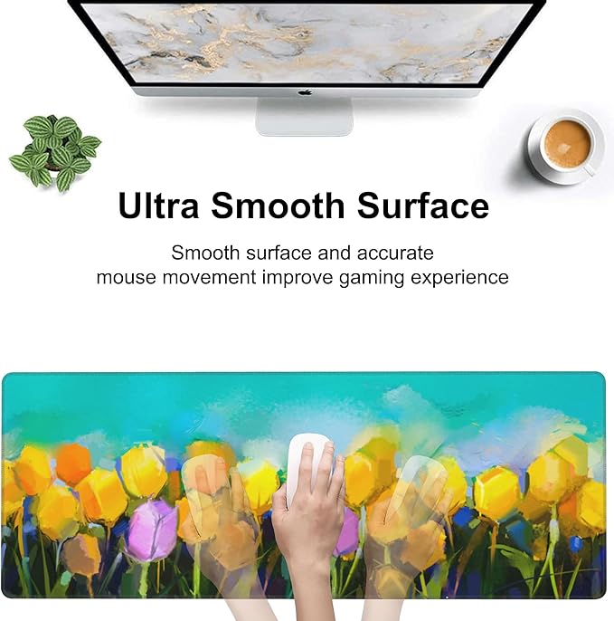 Tulips Flowers Desk Mat,Large Yellow and Violet Tulip Flowers Gaming Keyboard Mouse Pad,Non-Slip Rubber Base Desk Pad Thick Stitched Edges Waterproof Mousepad Mouse Mat 31.5"x11.8"