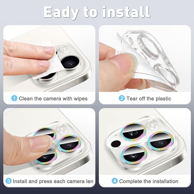 LucBuy 3PCS Sparkling Camera Lens Protector for iPhone 15/iPhone 15 Plus, Full Clear Acrylic Cover with Shiny Colorful Glitter Designed Decoration Back Camera Protector