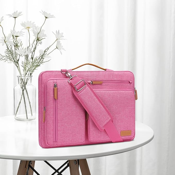 MOSISO 360 Protective Laptop Shoulder Bag,15-15.6 inch Computer Bags Compatible with MacBook Pro 16 inch, HP, Dell, Lenovo, Asus Notebook,Side Open Messenger Bag with 4 Zipper Pockets, Rose Red