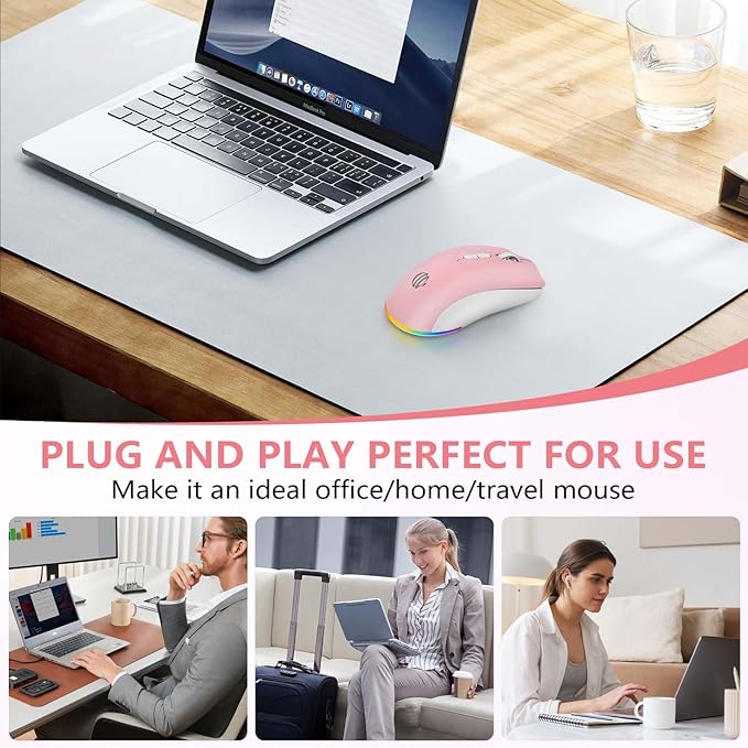 Wireless Bluetooth Mouse, 2.4G and Bluetooth 5.2 Ergonomic Rechargeable USB Optical Mouse, 3 Adjustment DPI， 1600 DPI Dual Mode Silent Wireless Mouse for Mac，Laptop, PC, Windows. (Pink)
