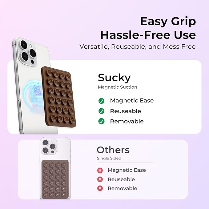 Sucky Upgraded Magnetic Suction Cell Phone Grip for MagSafe Case, Silicone Octo Cup Buddy Holder, Durable Magnet Phone Accessory for iPhone and Android (Pink)