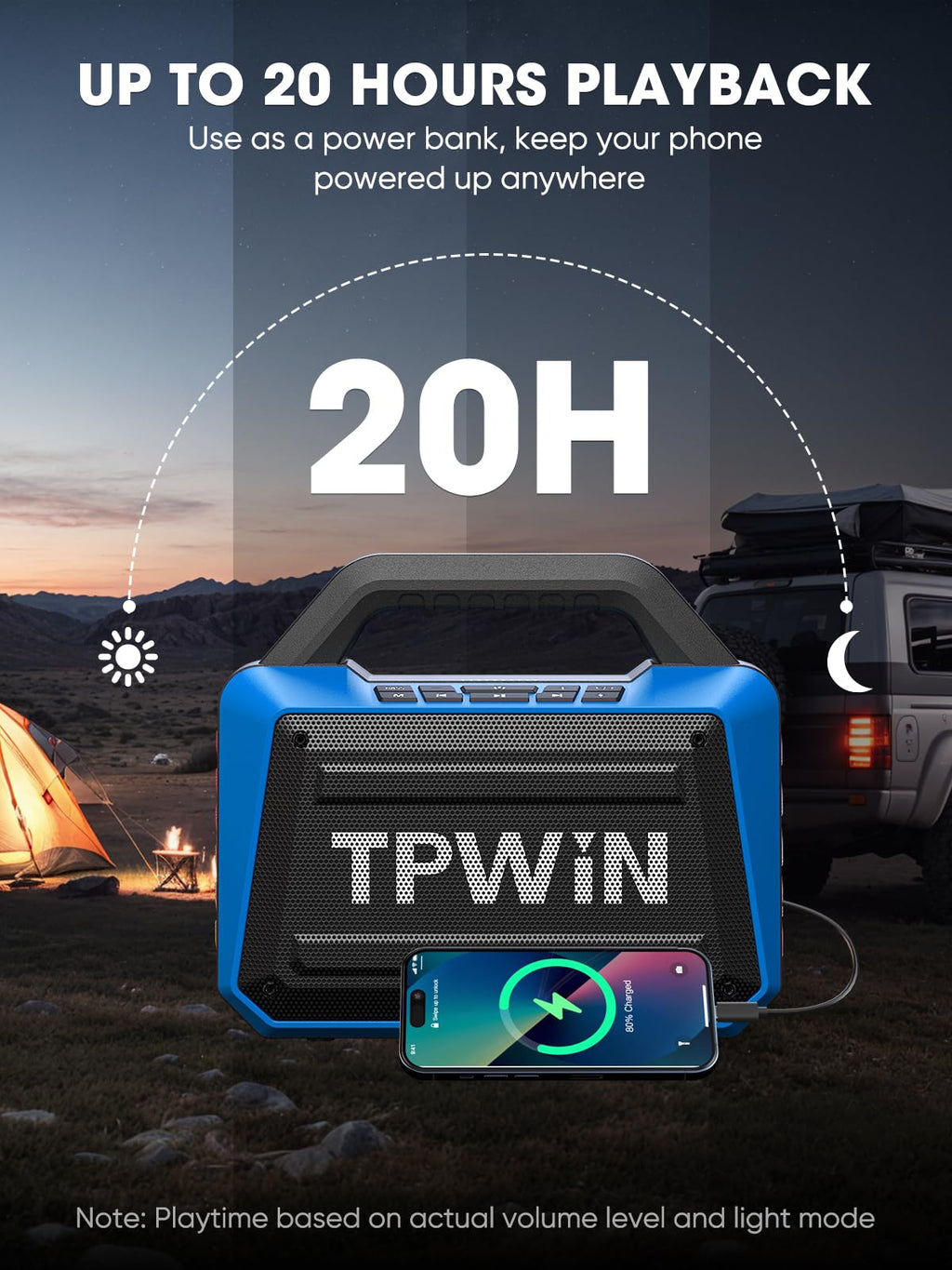 TPWIN Portable Bluetooth Speakers Loud - Wireless Speaker 80W Peak, Light Show, 20H Playtime, Strong Bass, BT 5.3, TWS, IPX6 Waterproof for Outdoor Travel Beach Camping - Blue
