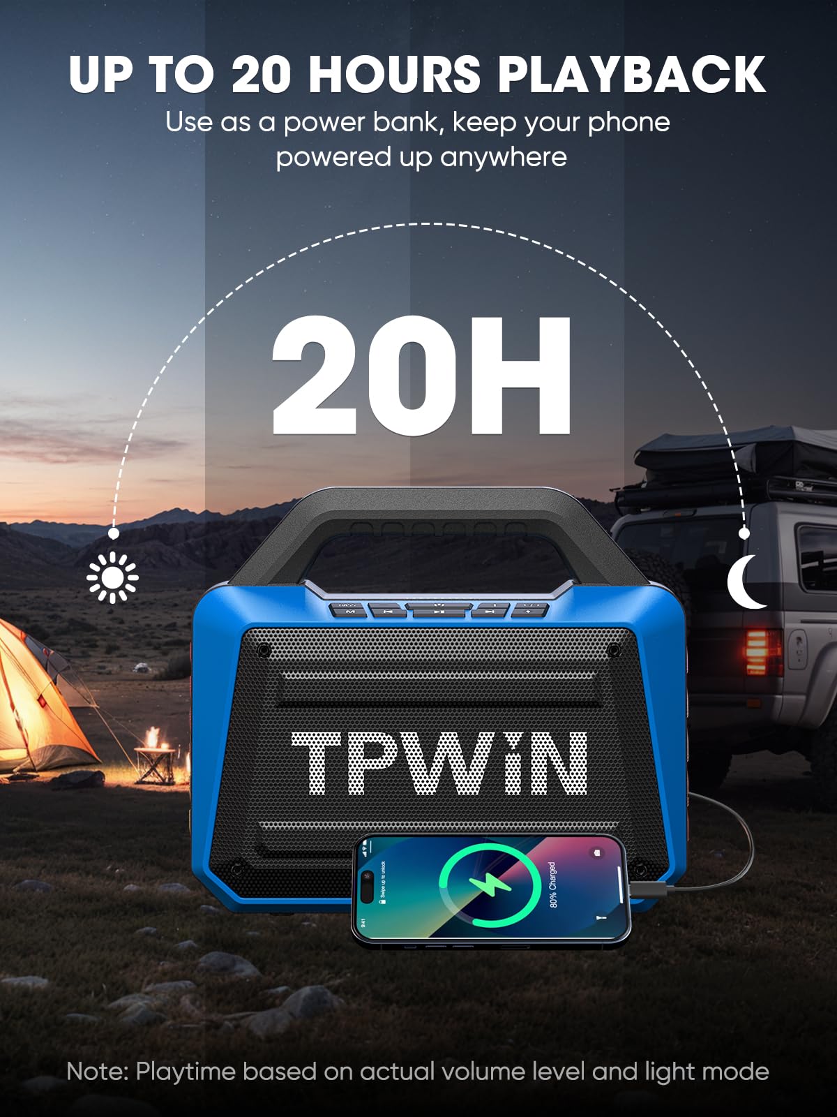 TPWIN Portable Bluetooth Speakers Loud - Wireless Speaker 80W Peak, Light Show, 20H Playtime, Strong Bass, BT 5.3, TWS, IPX6 Waterproof for Outdoor Travel Beach Camping - Blue