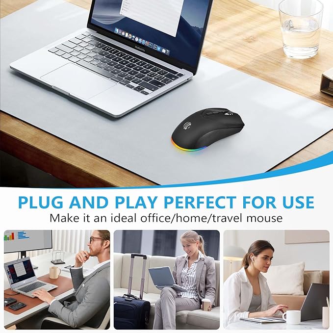 Wireless Bluetooth Mouse, 2.4G and Bluetooth 5.2 Ergonomic Rechargeable USB Optical Mouse, 3 Adjustment DPI， 1600 DPI Dual Mode Silent Wireless Mouse for Mac，Laptop, PC, Windows.(Black)