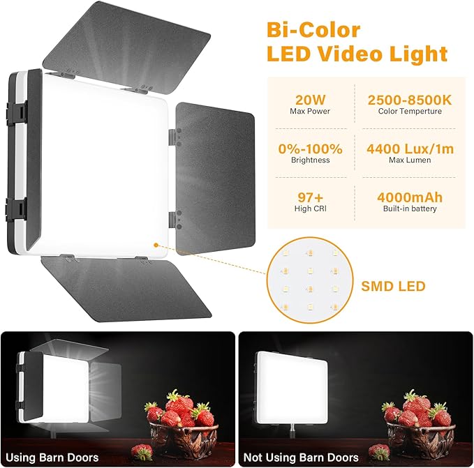 2 Pack Led Video Light Panel Light with Barndoor, 8000mAh Rechargeable Camera Light with 79'' Stand, Photo Studio Lighting kit for Video Recording Live Streaming Outdoor Indoor Photography