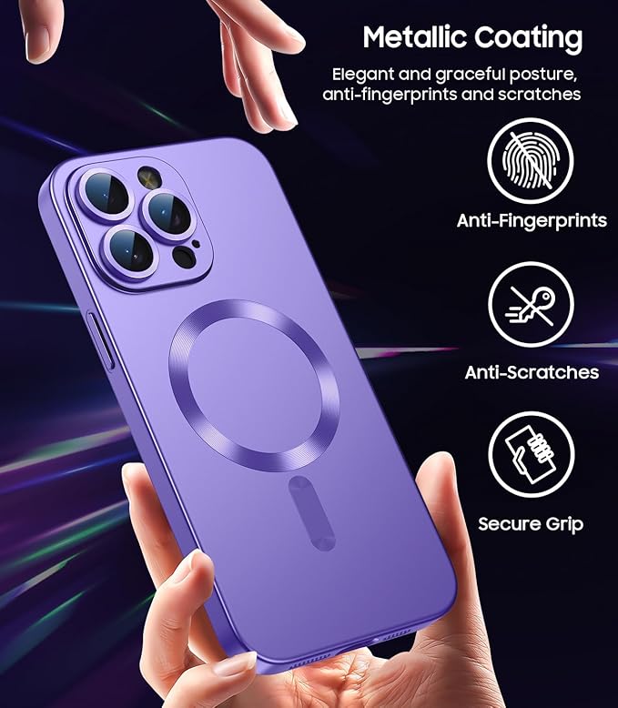 Magnetic for iPhone 15 Pro Case [Compatible with MagSafe][Built-in Camera Lens Protector] Slim Soft Silicone Bumper Shockproof Metallic Shine Phone Case (Purple)