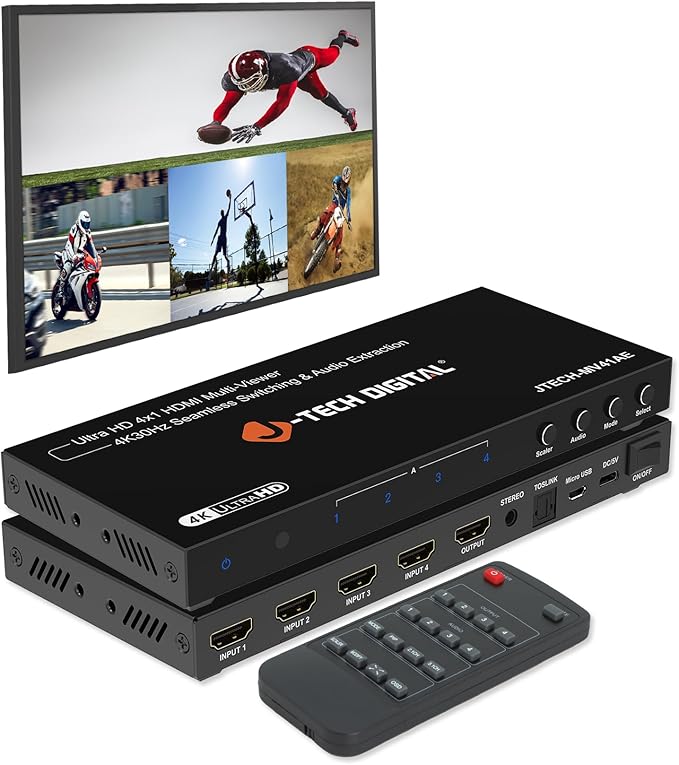 J-Tech Digital 4K HDMI Multiviewer Switch 4 in 1 Out, 4x1 4K 30Hz HDMI Quad Multiviewer Seamless Switcher with PiP, 6 Viewing Modes, Audio Extraction via Optical 3.5mm (JTECH-MV41AE)