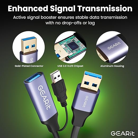 GEARit USB 3.0 Active Extension Cable (65 Feet) A-Male to A-Female USB Repeater with Signal Booster for Oculus Rift, Quest Link, Xbox 360 Kinect, PlayStation, Printer, Webcam - 65ft
