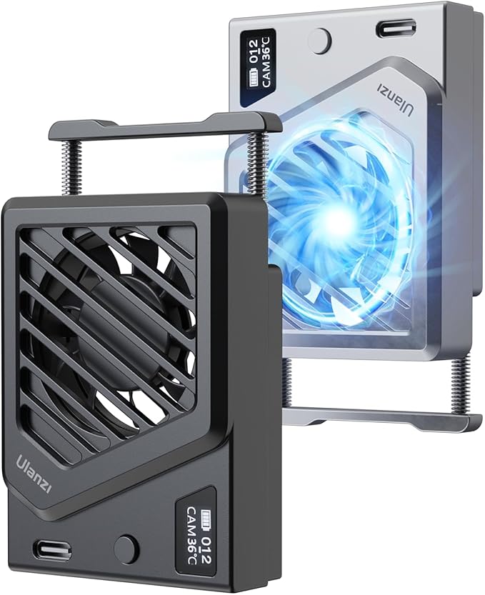 ULANZI Camera Cooling Fan Black New, Spring Telescopic Mounting Adjustable Mini Intelligent Cooling Fan Real-time Monitoring with Type-C Charging Port, Compatible with Sony Canon FUJIFILM Nikon