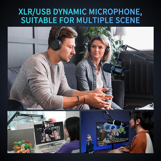 FEELWORLD PM1 XLR USB Dynamic Microphone Gifts for Podcast Recording PC Computer Gaming Live Streaming Vocal Voice-Over, Studio Metal Mic with Voice-Isolating, RGB Light, Mute Button, Headphones Jack