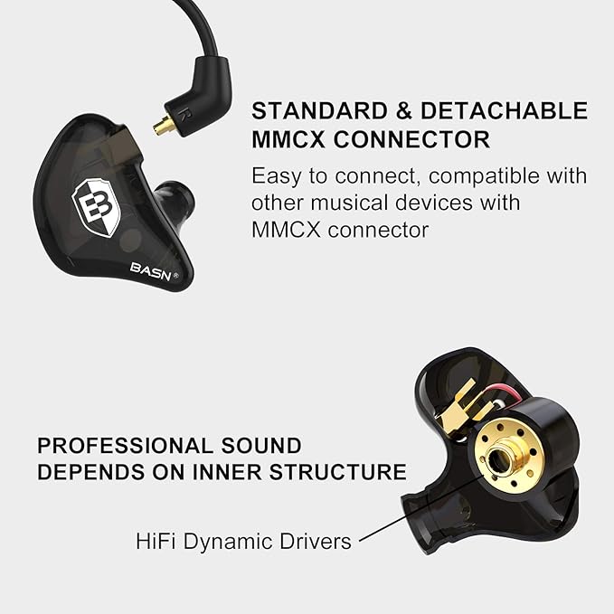 BASN in Ear Monitor Headphones for Musicians, Bsinger 2nd Generation Sound Isolating Earphones with Dual Dynamic Drivers Detachable MMCX Cable (Black)…