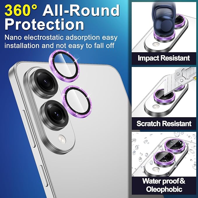 for Samsung Galaxy S25 Edge Camera Lens Protector, Individual Metal Ring Tempered Glass Lens Cover, [Strong Adsorption] Scratch Resistant Ultra-Thin HD Clear Lens Cover, 1 Set-Purple Sparkly