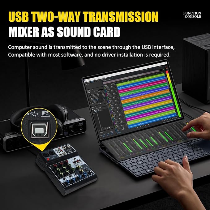 Mini audio audio mixers DJ mixer Sound Board Console System,4 Channel 48V Phantom Power with Bluetooth USB MP3 Stereo live DJ Studio Streaming for professional recording party KTV stage