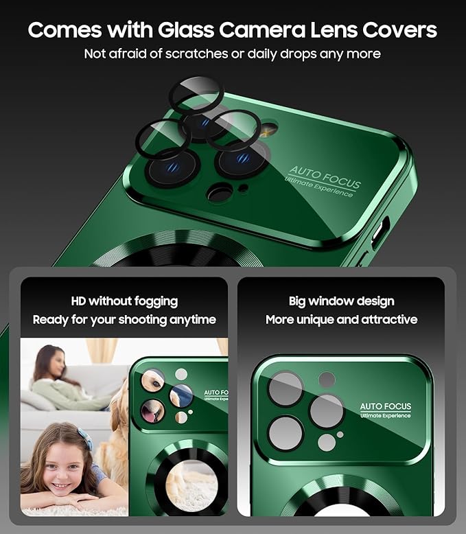 Magnetic for iPhone 13 Pro Max Case, Compatible with MagSafe, Built-in Camera Lens Protector, Logo View, Military Grade Drop Proof Phone Case Cover, Dark Green