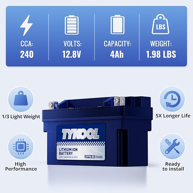 TYKOOL YT7B-BS, 240 CCA, 3X Cranking Amps,5X Life, High Performance Lithium LiFePO4 Motorcycle Battery,12V 4Ah,Fits for ATV,Fits for Ducati 1198cc,BRP (CAN-AM) 450cc ATV,Yamaha 125cc,150cc Scooter