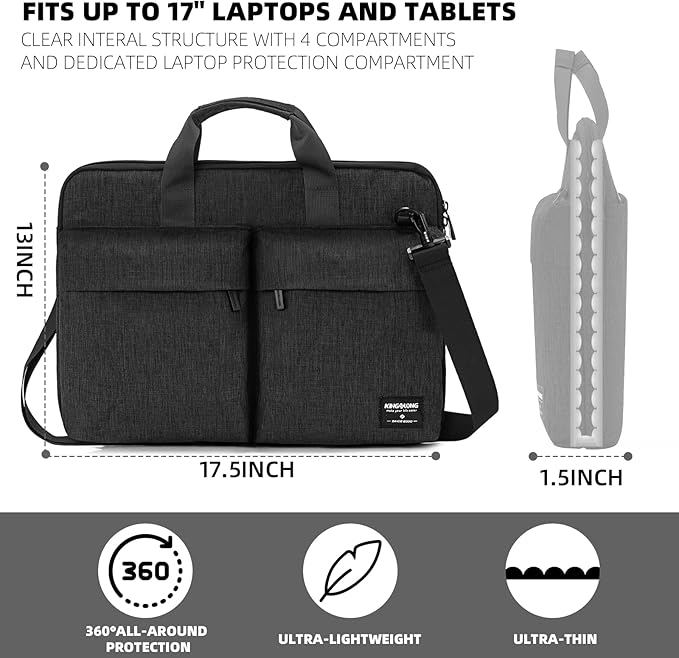 KINGSLONG 17-17.3 inch Slim Laptop Bag, Computer Carrying Case with Shoulder Strap, Notebook Handbag Cover for Men Women Fits Acer Asus Lenovo HP Toshiba Black