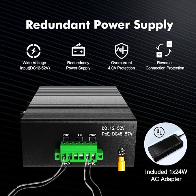 MokerLink 5 Port Industrial DIN-Rail Network Switch, 10/100Mbps Fast Ethernet, IP40 Rated Network Switch (-40 to 185°F), with UL Power Supply