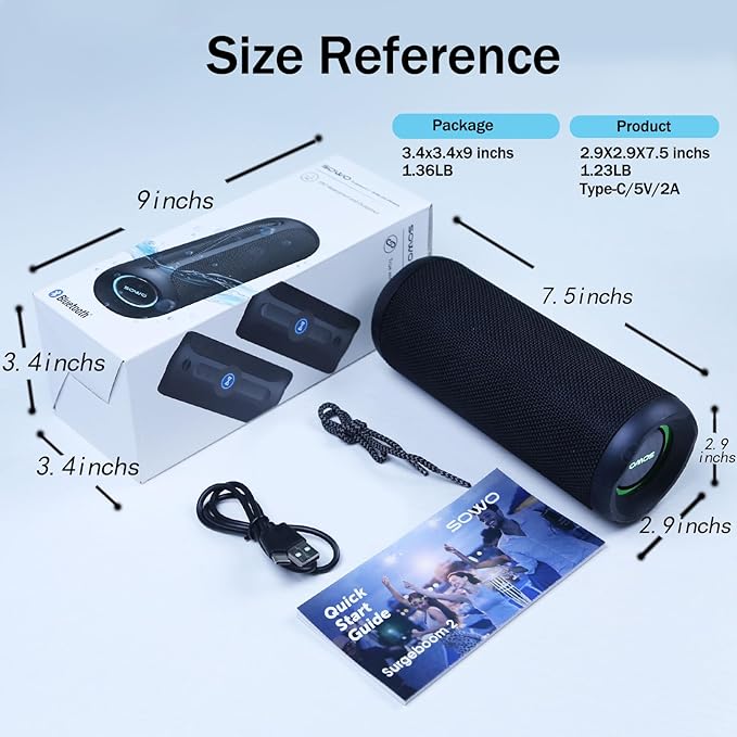 Wireless Portable Speaker,IPX7 Waterproof Bluetooth Speaker, 25W Loud Stereo Sound, Bassboom Technology, TWS Pairing, Built-in Mic, 16H Playtime with Lights for Home Outdoor - Black