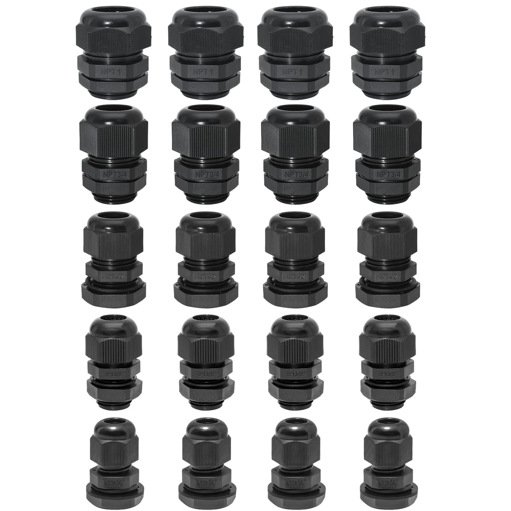 Bonsicoky 20 Pcs Nylon Cable Gland Kit, Black, 1/4" 3/8" 1/2" 3/4" 1"