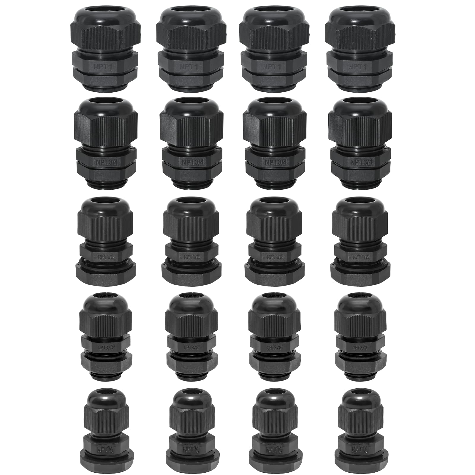 Bonsicoky 20 Pcs Nylon Cable Gland Kit, Black, 1/4" 3/8" 1/2" 3/4" 1"