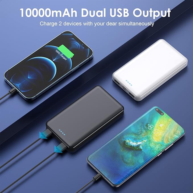 [2 Pack] Portable Charger Power Bank 10000mAh,Ultra Slim Compact External Battery Pack with USB C Input & Dual USB Outputs Backup Charger Compatible with iPhone 13,12, Samsung S20,Tablet -Black+White