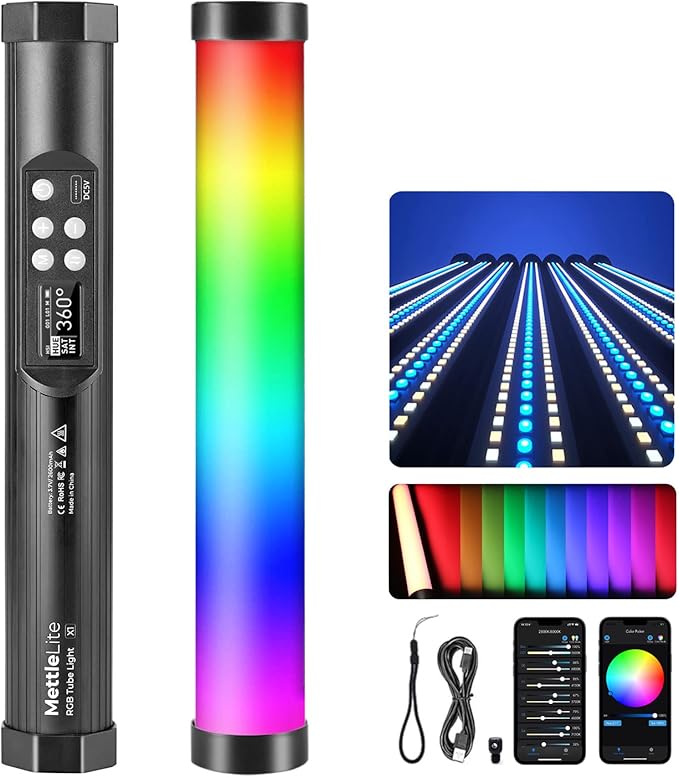 Mettlelite TLX1 RGB Tube Light LED Full Color Portable Video Light with APP Control 2800K-8000K CRI96 TLCI97 360° RGB CCT HSI Mode 10 Customizable Light Effects Rechargeable Battery Magnet Design
