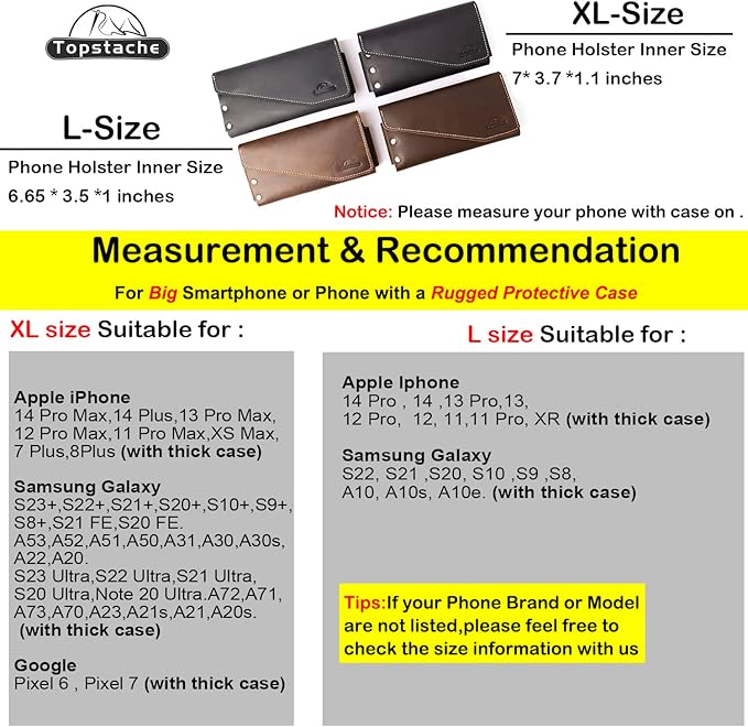 Topstache Leather Phone Holster with Belt Clip,S22 Ultra Belt Holder,iPhone 14 Pro Max Case for Belt,Leather Belt Pouch for Universal Smartphone with Otterbox Case,Flip Cellphone Pouch,XL,Darkbrown