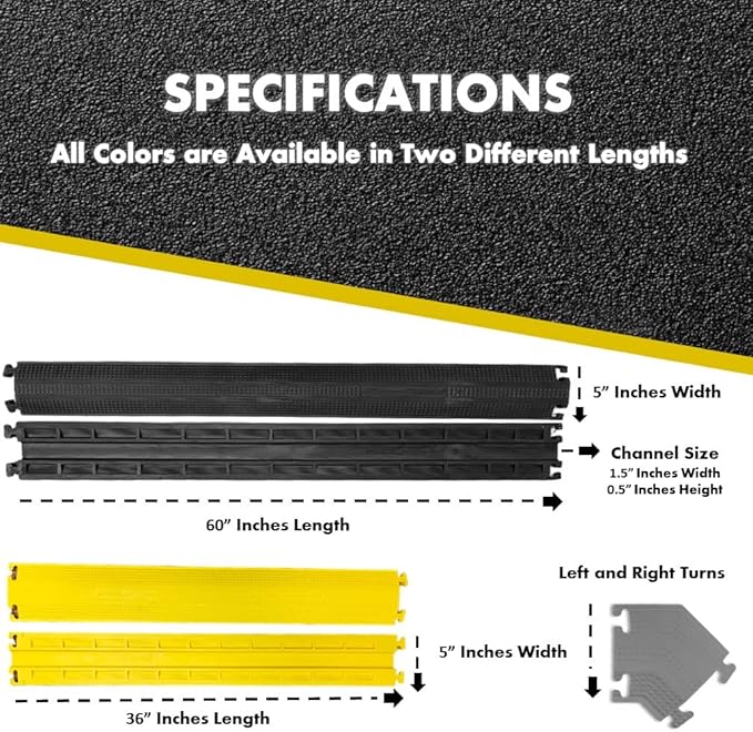 Kable Kontrol Drop Over Floor Cord Cover – 60” Inch Long 1 Channel Cable or Wire Protector – 10 Pcs Bulk Pack - Rubber Ramp for Indoor and Outdoor Use – Black
