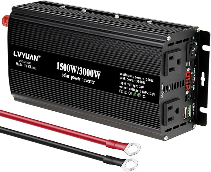 LVYUAN 1500W Power Inverter 24V to 110V DC to AC with 2 US Sockets, LED Display, USB Ports for Home, Truck, Outdoor, Camping