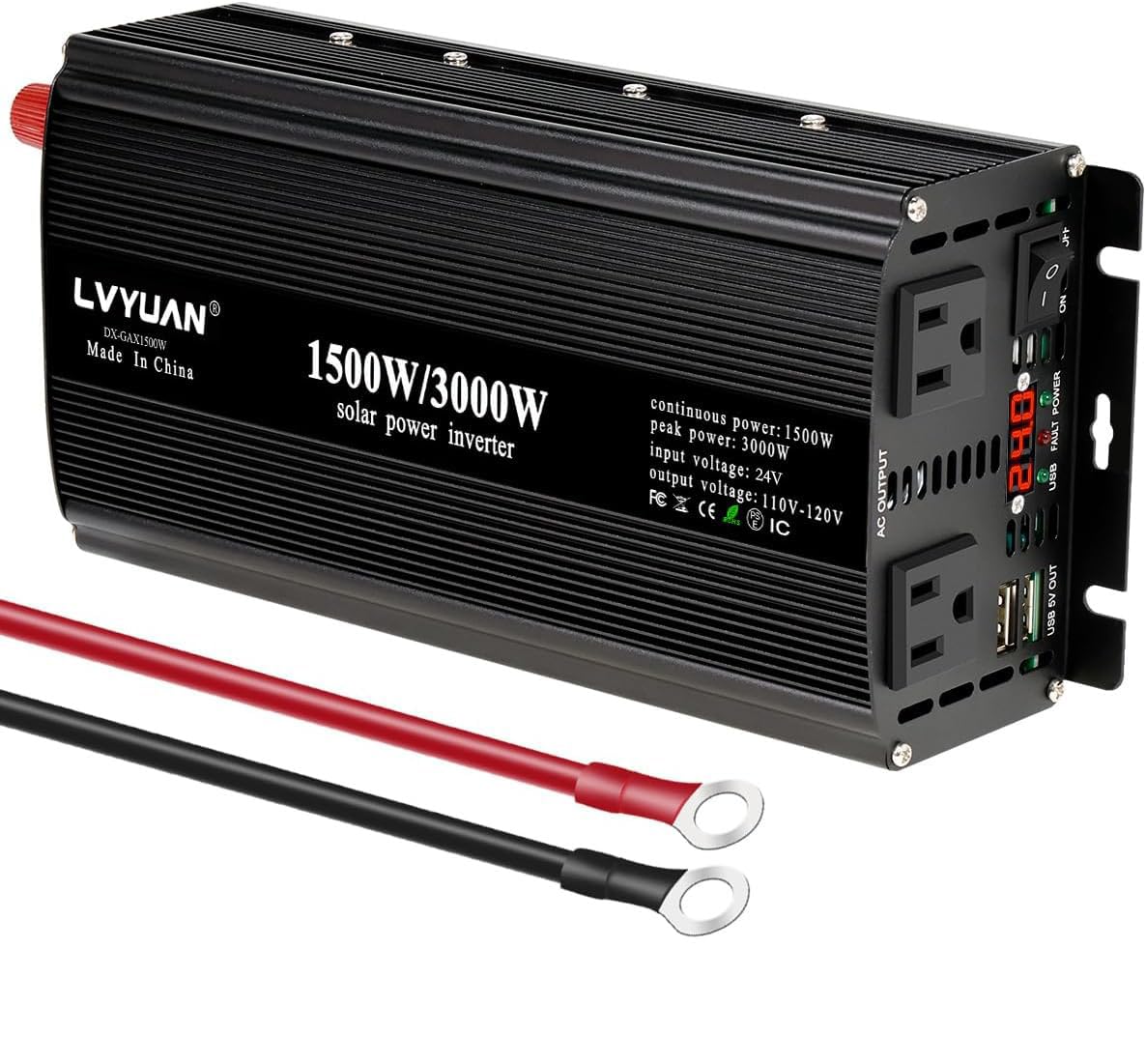 LVYUAN 1500W Power Inverter 24V to 110V DC to AC with 2 US Sockets, LED Display, USB Ports for Home, Truck, Outdoor, Camping