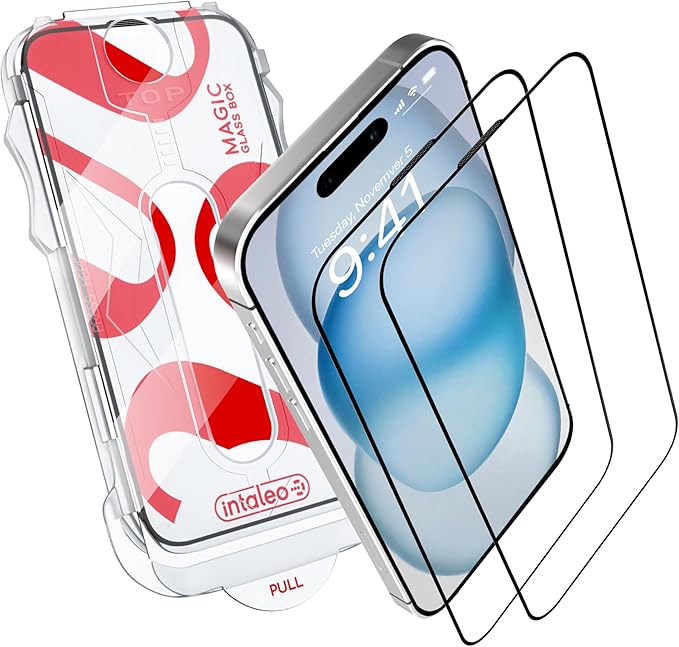 Tempered Glass Screen Protector for iPhone 15 – Full Edge-to-Edge Protection, 9H Hardness, Oleophobic Coating - Accessories For IPhone 15 Phone Protector with Applicator - Black Design