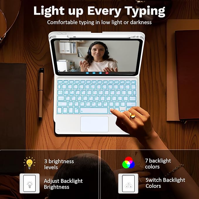 MoKo Touch Keyboard Case for iPad (A16) 11th Generation 11 inch 2025, iPad 10th Generation 10.9 inch Case with Pencil Holder, 7 Colors Backlit Multi-TrackPad Detachable Bluetooth Keyboard, White