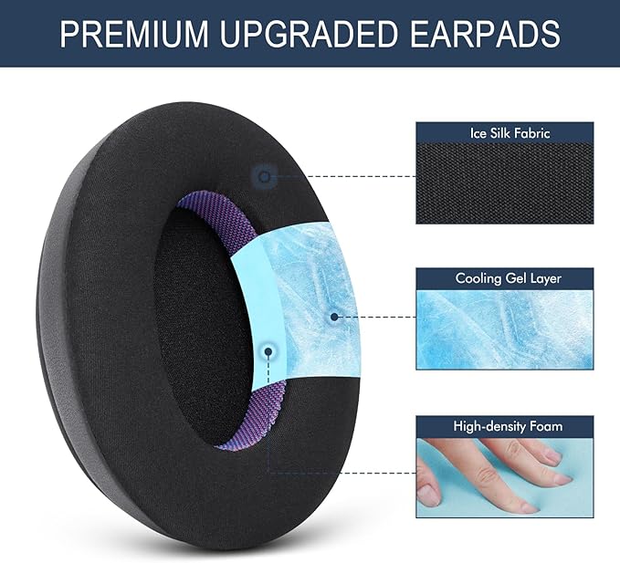 Ice Silk Fabric Replacement Earpads Cushions for HyperX Cloud/Alpha, Audio Technica M50X/M40X, Sony MDR 7506, Turtle Beach Stealth 400/600, & More - Ear Pads with Memory Foam & Added Thickness