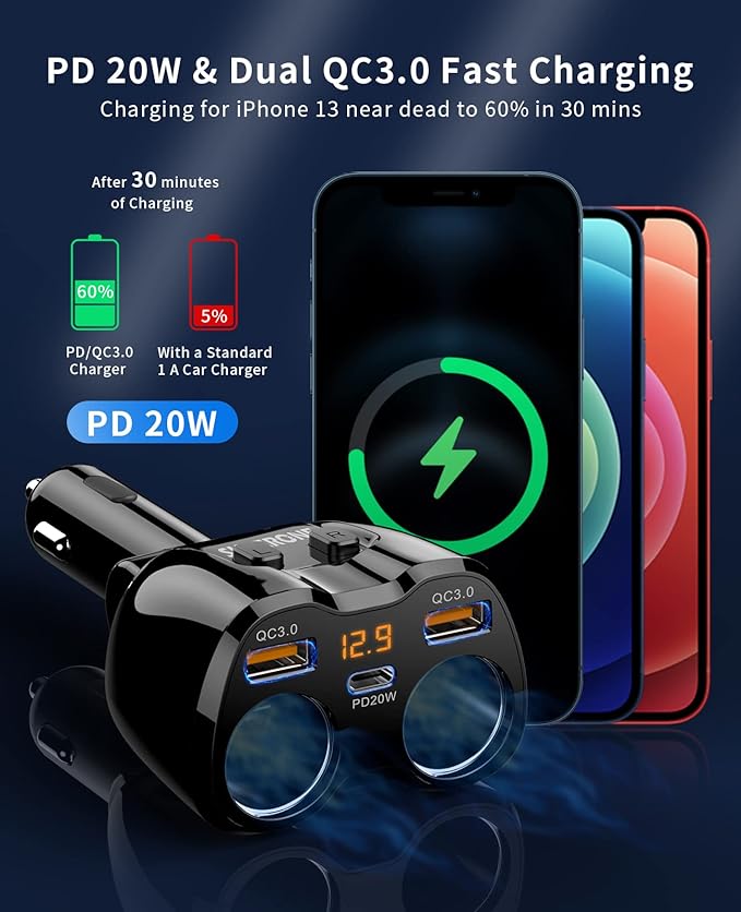 [2025 Upgraded] Cigarette Lighter Splitter, SUPERONE 180W 2-Socket Cigarette Lighter Adapter with Dual QC3.0 and 20W PD USB C Car Charger Splitter for GPS/Dash Cam/Laptop/iPad/iPhone 16/15/14/13/12/11