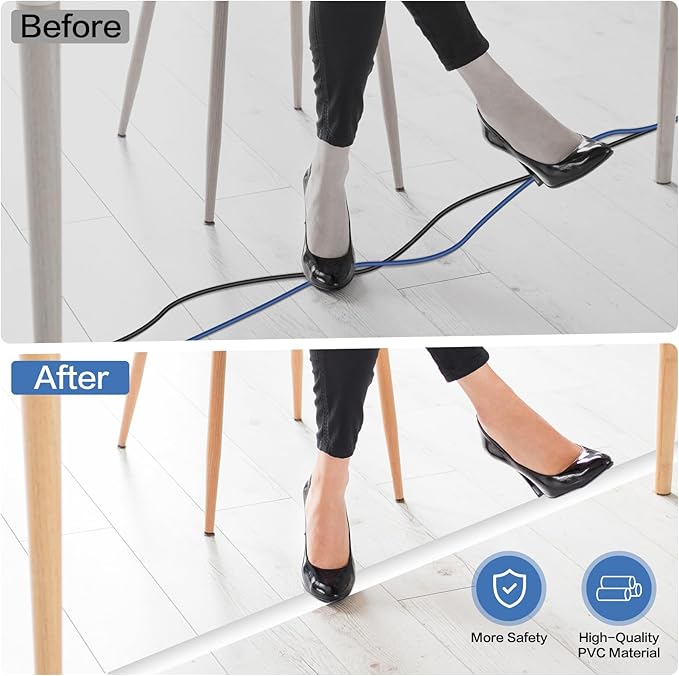 Floor Cord Cover Self Adhesive Cord Hider Floor Extension Cord Covers for Floor Power Cord Protector Cable Management Prevent Cable Trips Cable Cavity 0.32" W x 0.32" H (White, 3.3Ft)