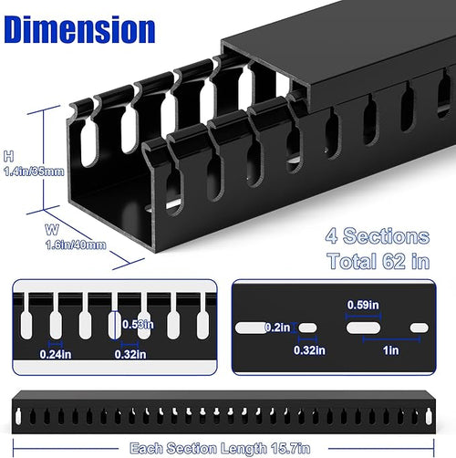 1.4"H x 1.6"W Cable Raceway, 66in Under Desk Wire Management Channel, Black
