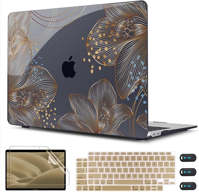 CISSOOK for MacBook Air 13 inch Case 2021 2020 2019 2018 Model M1 A2337 A2179 A1932, Black Hard Shell Case & Keyboard Cover & Screen Protector for MacBook Air 13 with Touch ID, Gorgeous Gold Floral