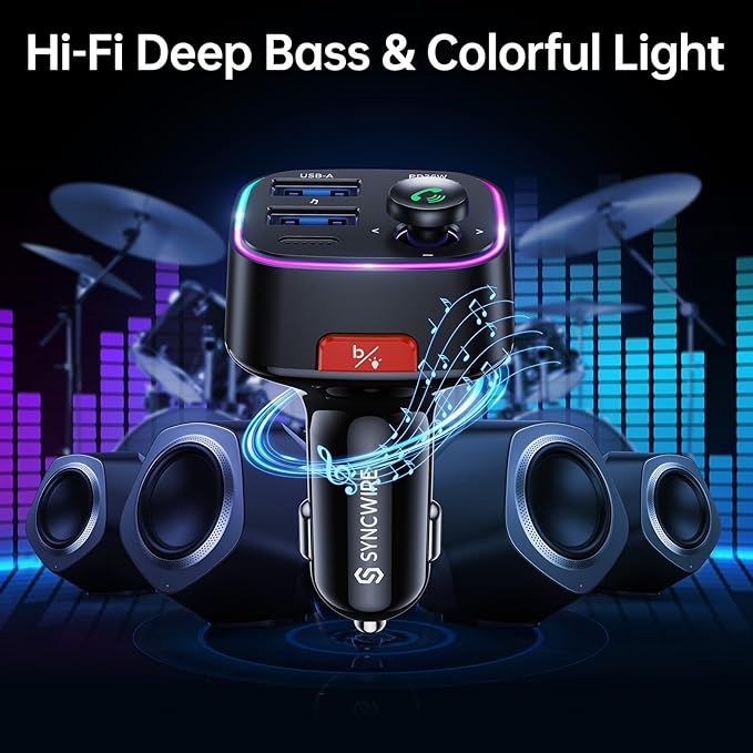 Syncwire Bluetooth 5.4 FM Transmitter Car Adapter 48W (PD 36W & 12W) [Light Switch] [HiFi Bass Sound] [Fast Charging] Wireless Radio Music Adapter LED Display Hands-Free Calling Support USB Drive