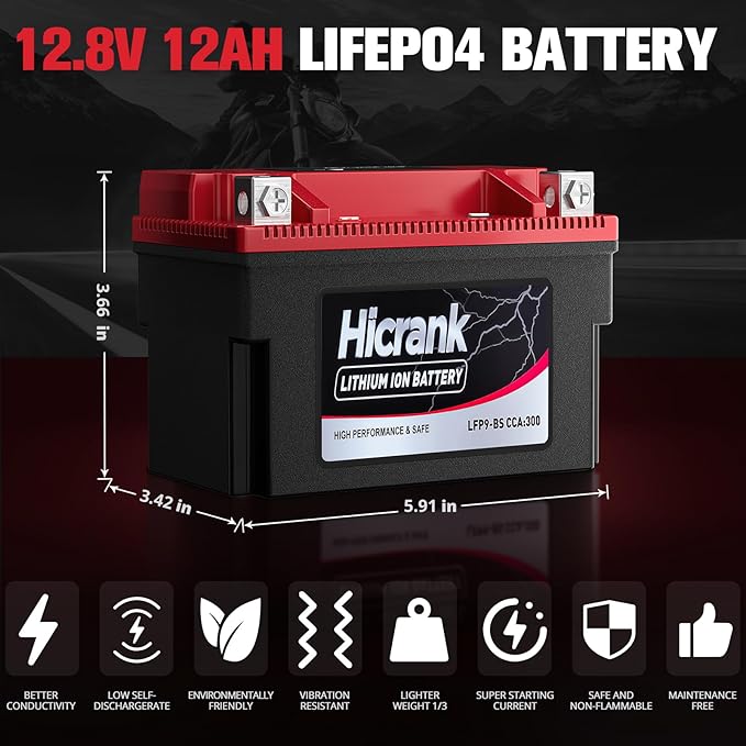 YTX9-BS, 2X Cranking Power, 5X Life, Lithium LiFePO4 Motorcycle Battery, 280 CCA, Digital Readout,Powersports Battery,Fits for ATV,UTV,4 Wheeler,Seadoo,Polaris,Lawn Mower,Generator