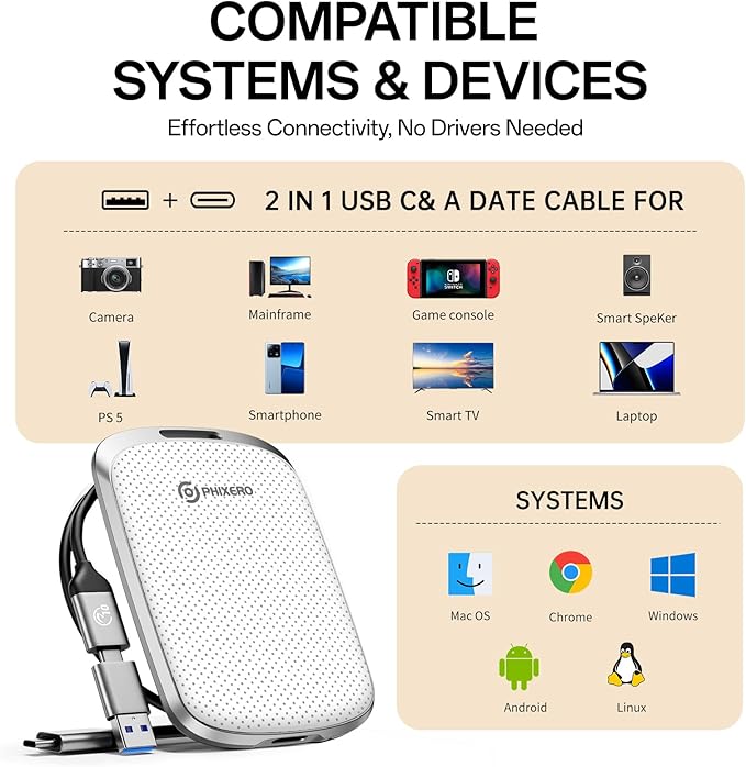 PHIXERO P5PLUS Portable SSD 512GB Up to 550MB/s, USB 3.2 Gen 2 External Solid State Drive，USB C to C&A for Smartphone，Tablet，PC，Labtop (White)