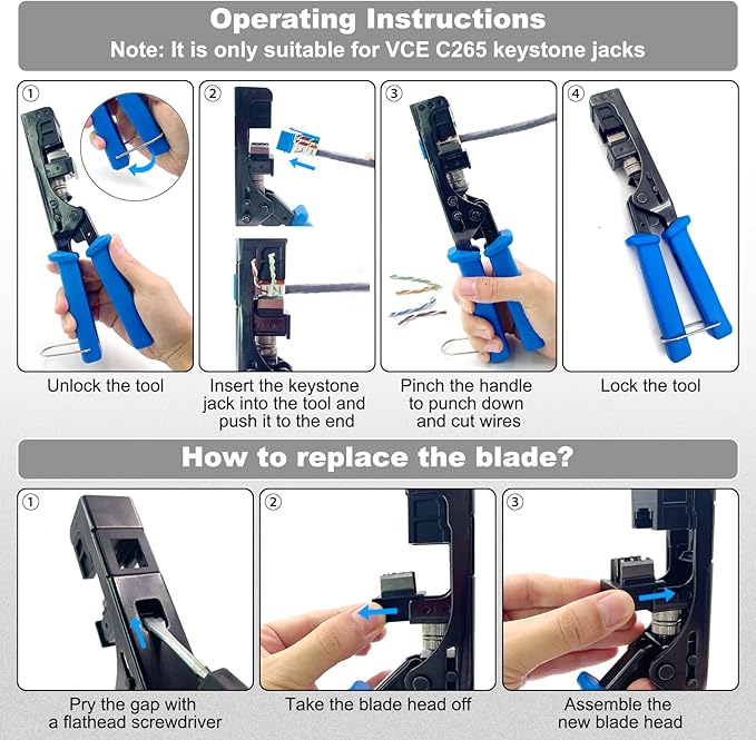 VCELINK Speed Termination Tool for VCE 90-Degree Keystone Jacks Punch Down Network Tool Kit with 20-Pack CAT6 Keystone Jacks UL-Listed, 25-Pack RJ45 Connectors, 1-Pack Mini Wire Stripper