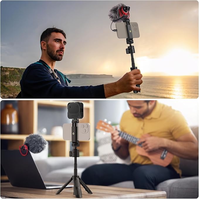 NEEWER Basics Mini Desk Selfie Stick Tripod Compatible with iPhone GoPro Insta360 DJI, Portable Small Camera Webcam Android Cell Phone Holder Ball Head Elevated Axis Video Recording Stand, TP43 Black