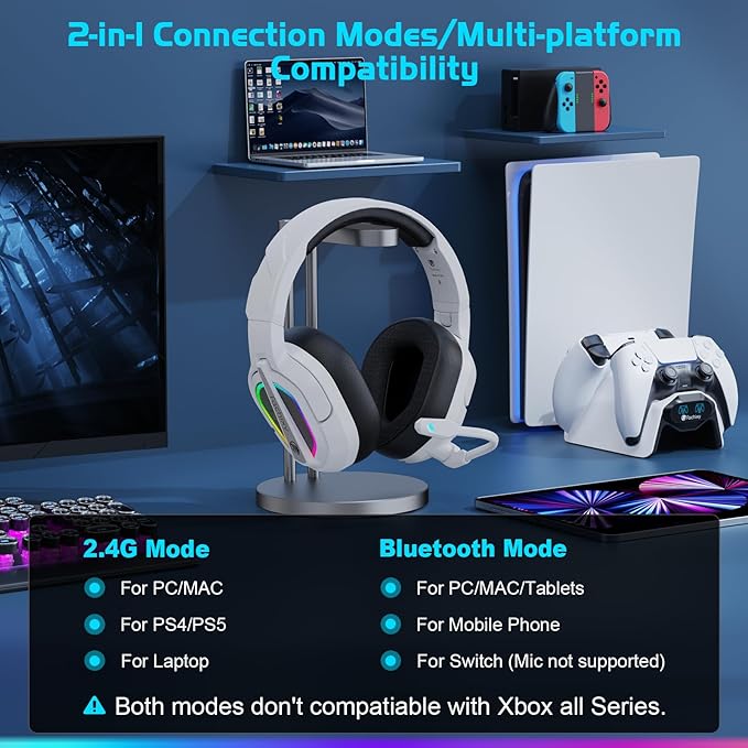 FC200 Wireless Gaming Headset for PS5, PS4-2.4GHz USB Foldable Headphones with Mic - 3D Stereo Bluetooth Headset with 50Hrs Battery Life, for Switch, PC, Mac, Mobile
