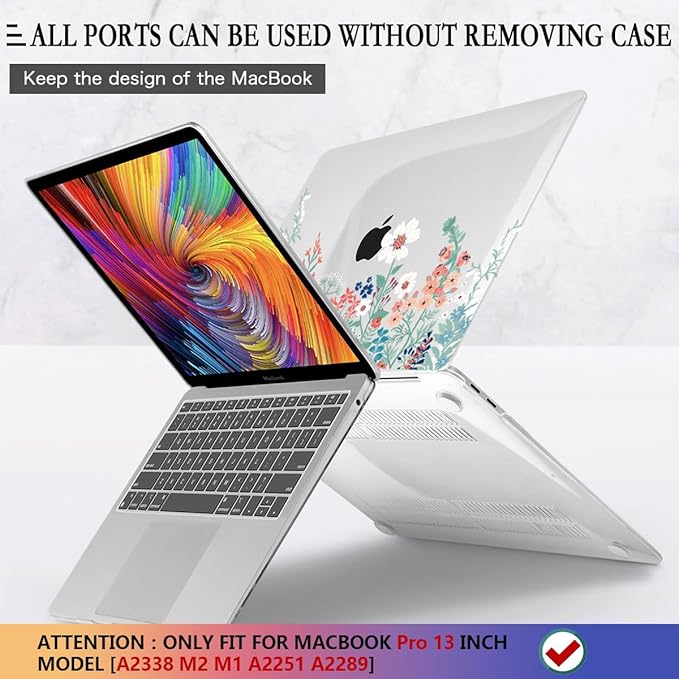 CISSOOK Compatible with MacBook Pro 13 inch Case M2 2025-2020 Model M1 M2 A2338 A2289 A2251, Protective Hard Case Floral Cover with Keyboard Cover for MacBook Pro 13 - Green Wildflowers