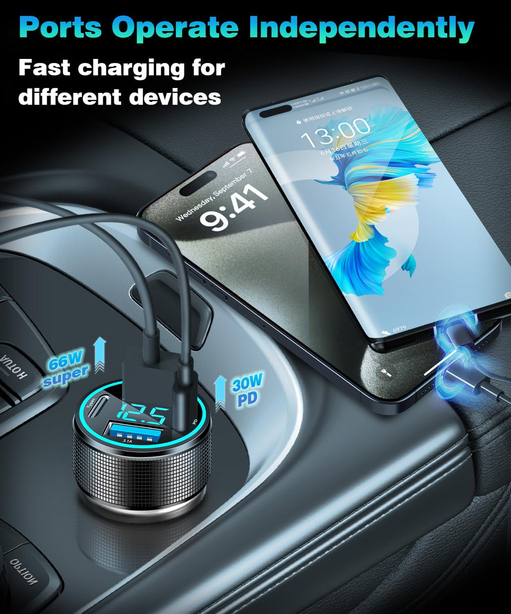 2 Packs of 66W USB C Car Charger 4 Port Car Charger Adapter with 30W PD, 3.1A Aluminium Alloy Car Cigarette Lighter USB Charger with LED Voltmeter Compatible with Phone 15 14 13