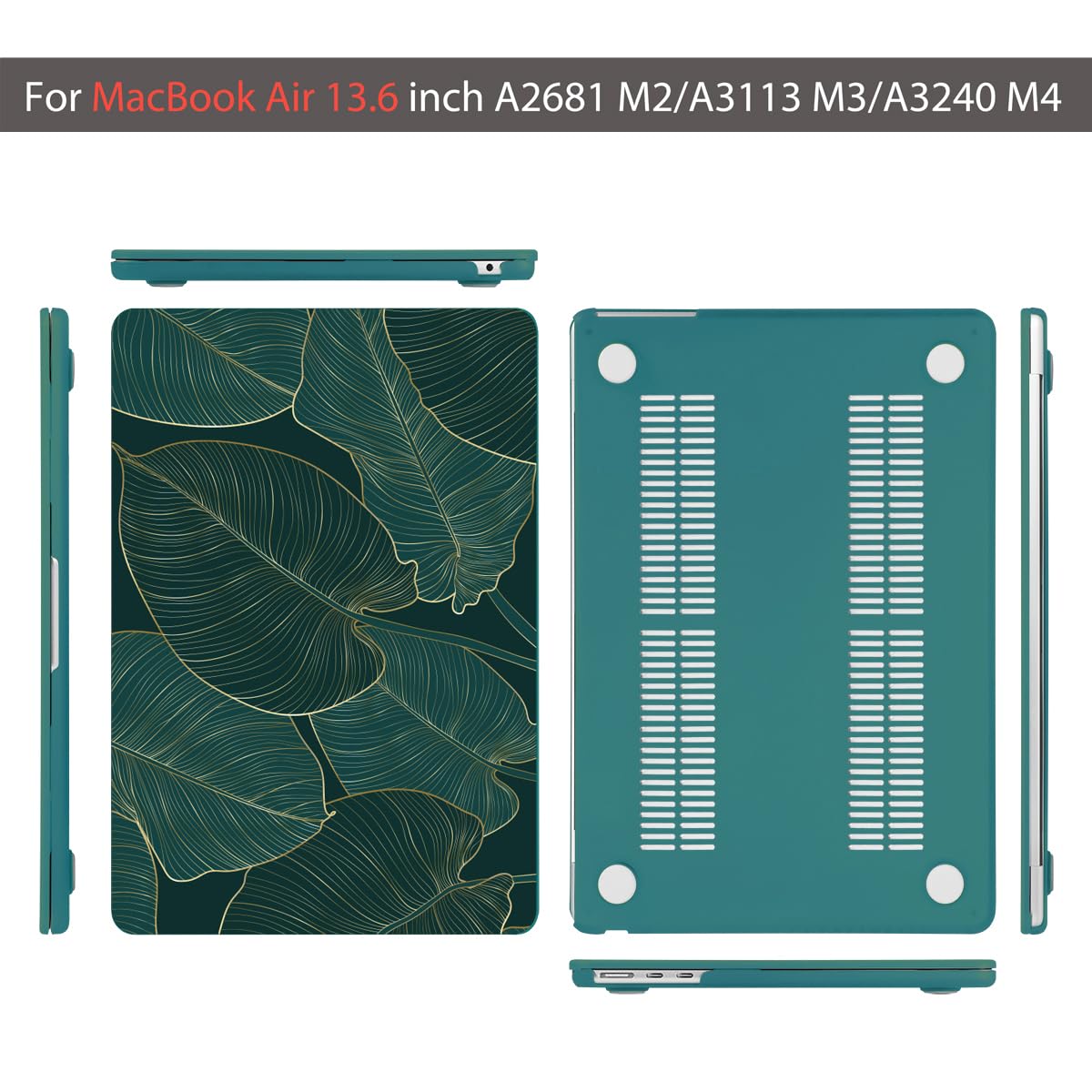 Teryeefi Compatible with MacBook Air 13.6 Case M2 M3 M4 2022-2024 2025 Release (Model:A2681 A3113/A3240), Plastic Hard Shell Cover with Screen Protector & Keyboard Cover & USB 3.0 Adapter, Green Leaf