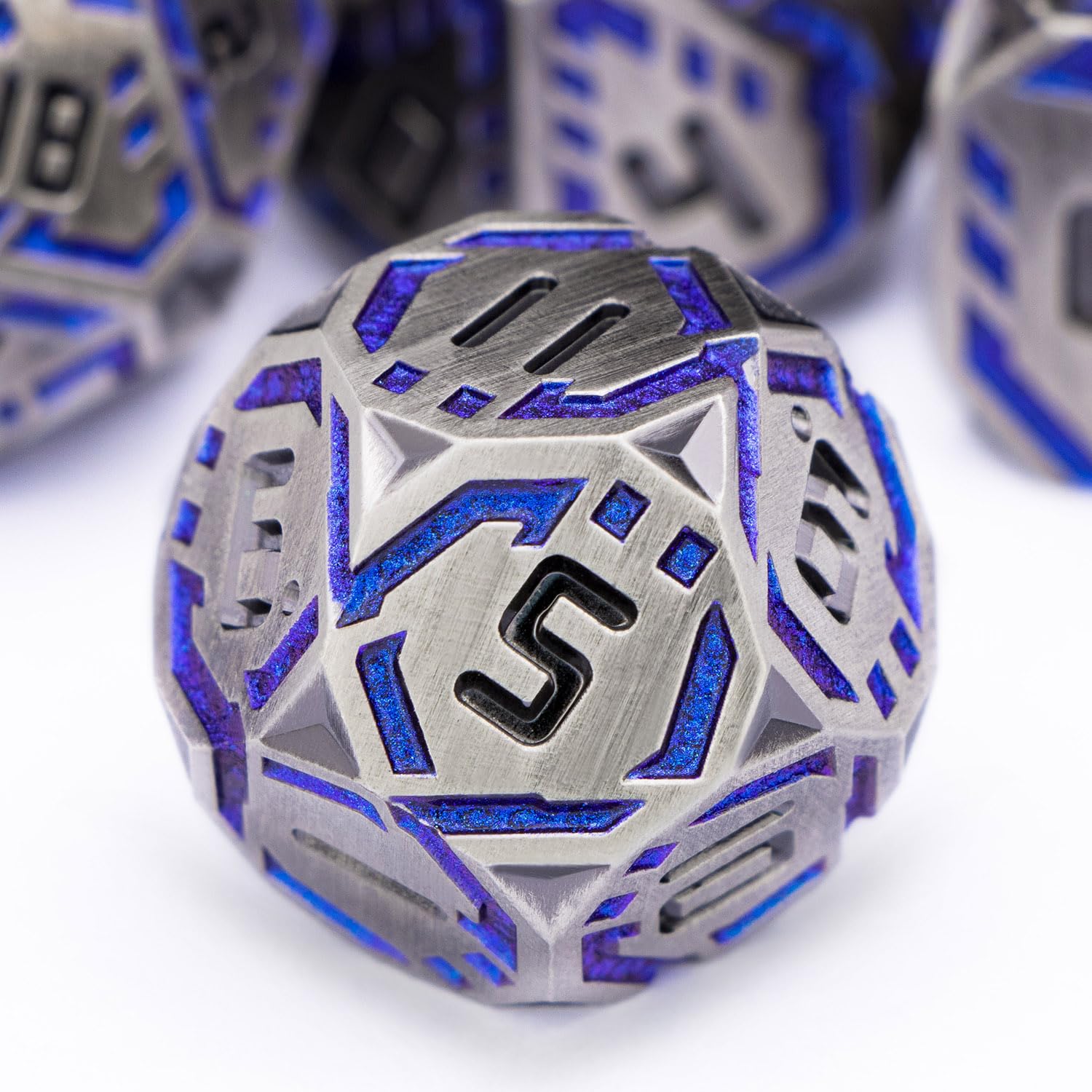 OGCOPHEN Metal DND Sci-fi Dice Set 7PCS Stripe Polyhedral Dice for Dungeons Dragons RPG Role Playing Game, Glitter D and D Dice with Gift Box D6 D8 D10 D12 D20 (Blue Purple&Grey)