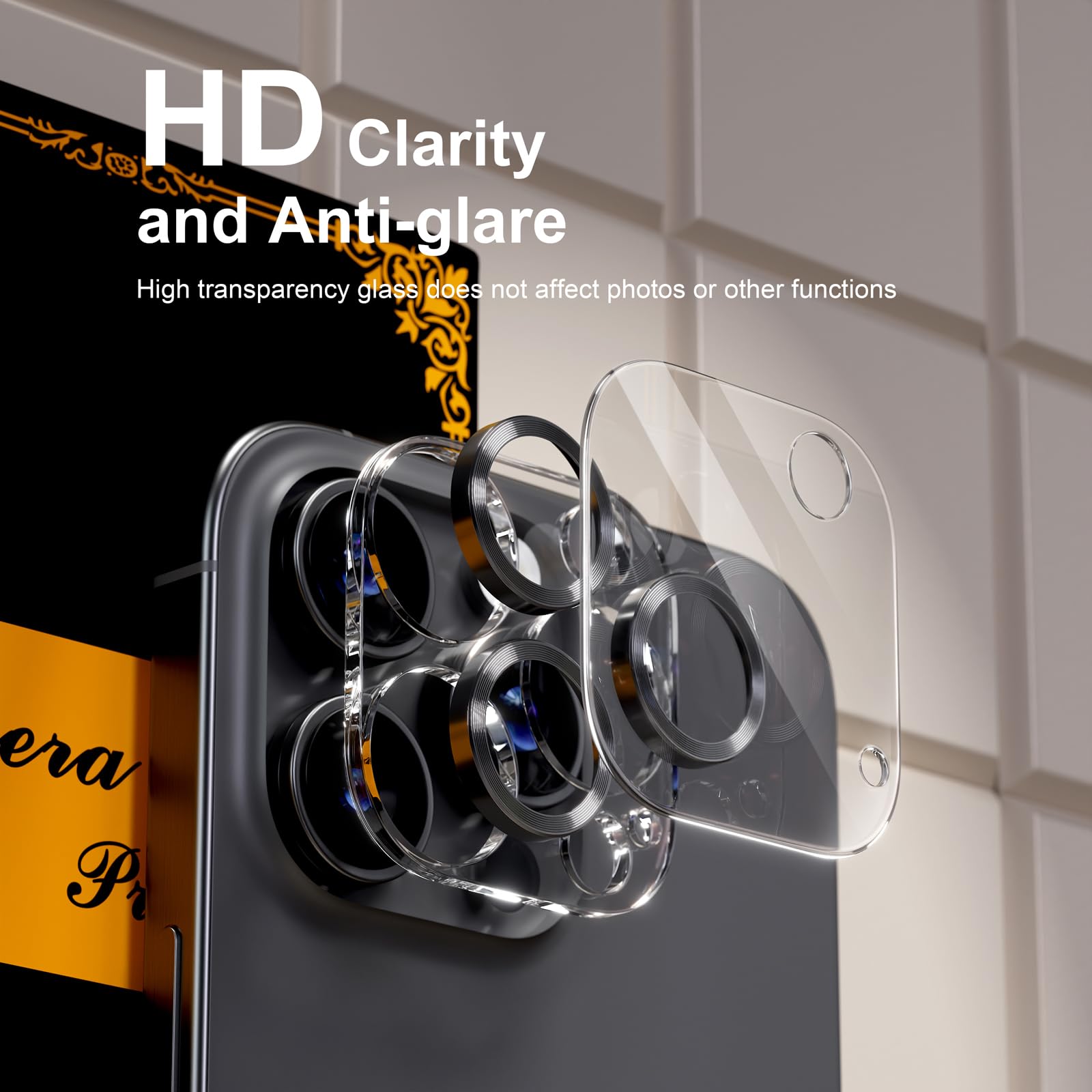 beuxece for 6 Pack iPhone 15 Pro/iPhone 15 Pro Max Camera Lens Protector [Drop Protection] [Case Friendly] [Easy Installation] 9H Tempered Glass Camera Screen Protector Cover, CD Black