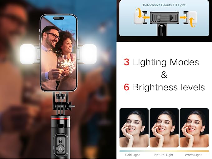 C13D 53" Selfie Stick Tripod with Fill Lights, Bluetooth Remote – Detachable Phone Mount, Dual Light Modes, for iPhone, Android, GoPro & Camera