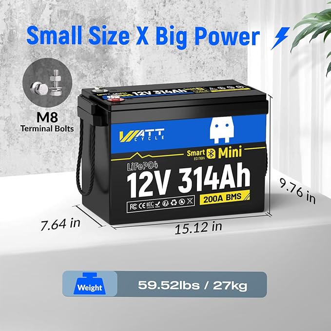 12V 314Ah Lithium LiFePO4 Battery Mini with Bluetooth 5.0 BMS 200A, 4.01kWh Energy, Upgraded Aluminum Cooling Fins & Braided Copper Wires, upporting devices over 2000W (1 PCAK)